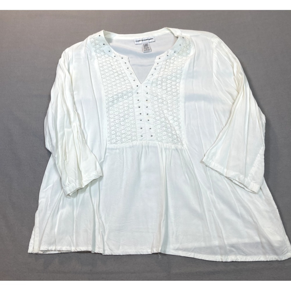 Cathy Daniels Shirt Womens XLarge Embroidered Beaded Pullover‎ Blouse White